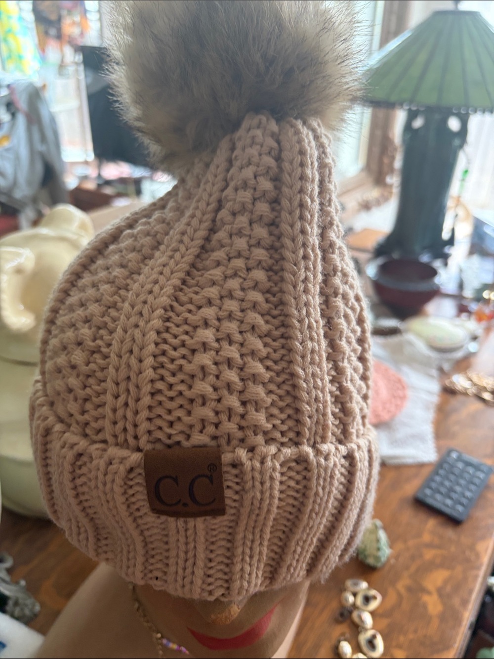 C.C Knit Pom Beanie in Light Pink with Faux Fur Pom